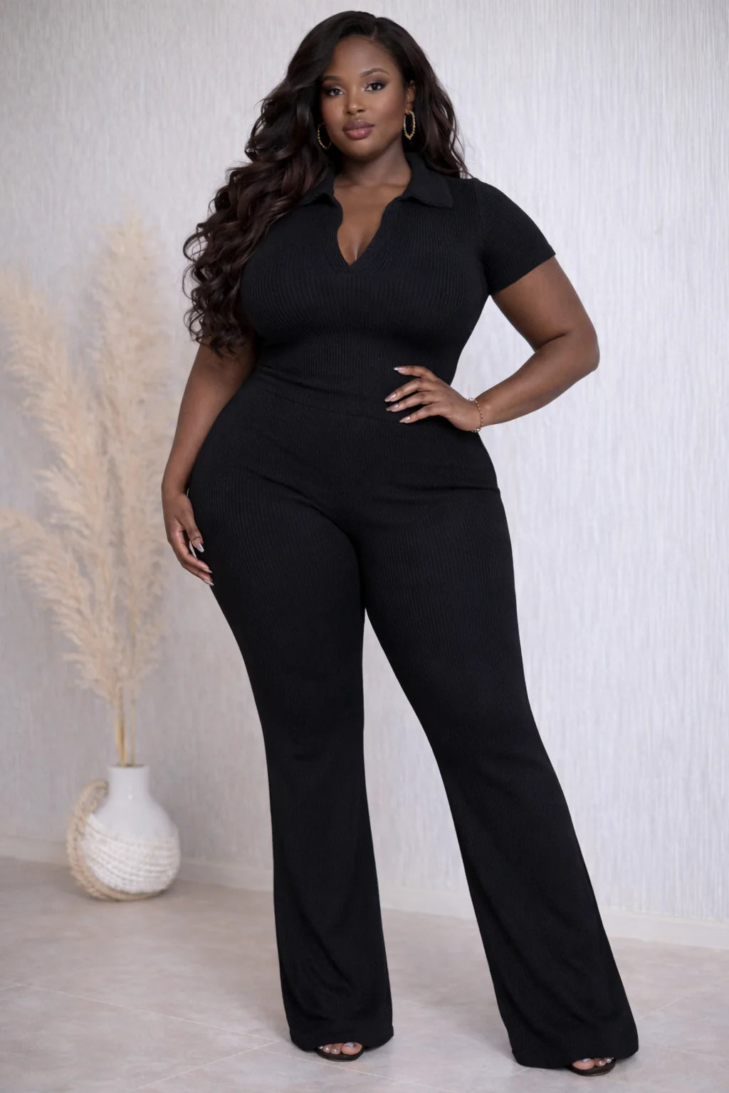 RIBBED COLLAR TOP & PANTS SET (PLUS)